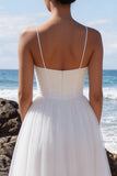 White Tulle Corset A-Line Spaghetti Straps Maxi Beach Wedding Dress