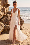 White Chiffon V-Neck Floor-Length Beach Wedding Dress with Slit