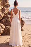 White Chiffon V-Neck Floor-Length Beach Wedding Dress with Slit