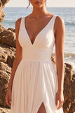 White Chiffon V-Neck Floor-Length Beach Wedding Dress with Slit
