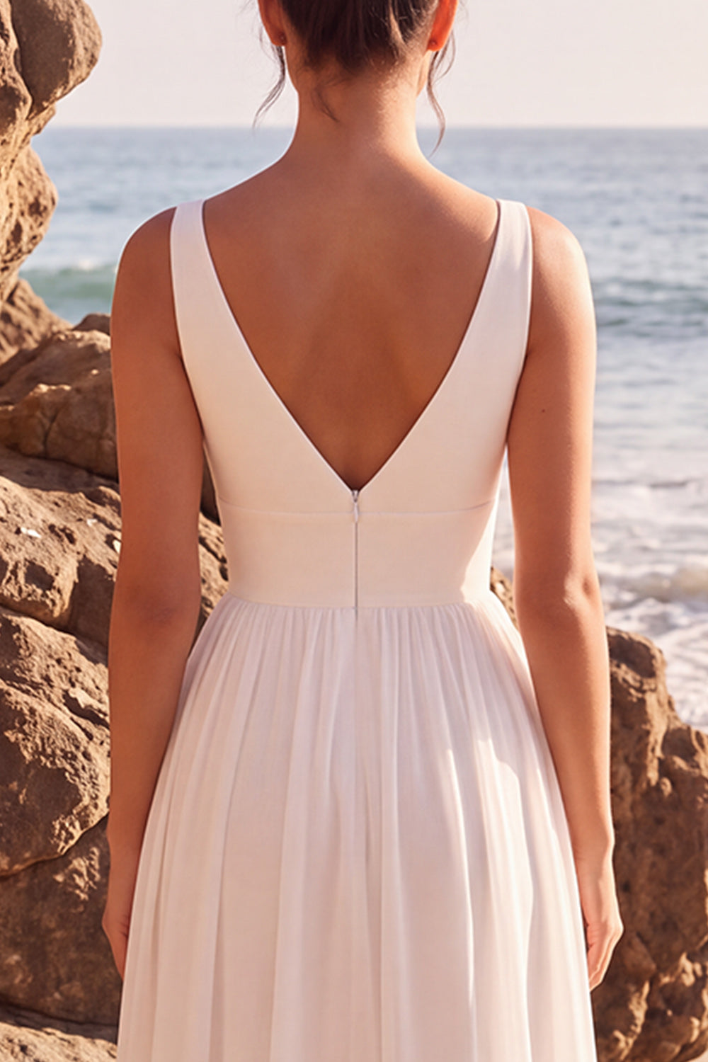 White Chiffon V-Neck Floor-Length Beach Wedding Dress with Slit
