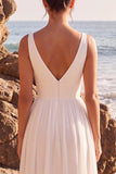 White Chiffon V-Neck Floor-Length Beach Wedding Dress with Slit