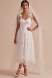 White Lace Floral A-Line Midi Boho Wedding Dress with Bows