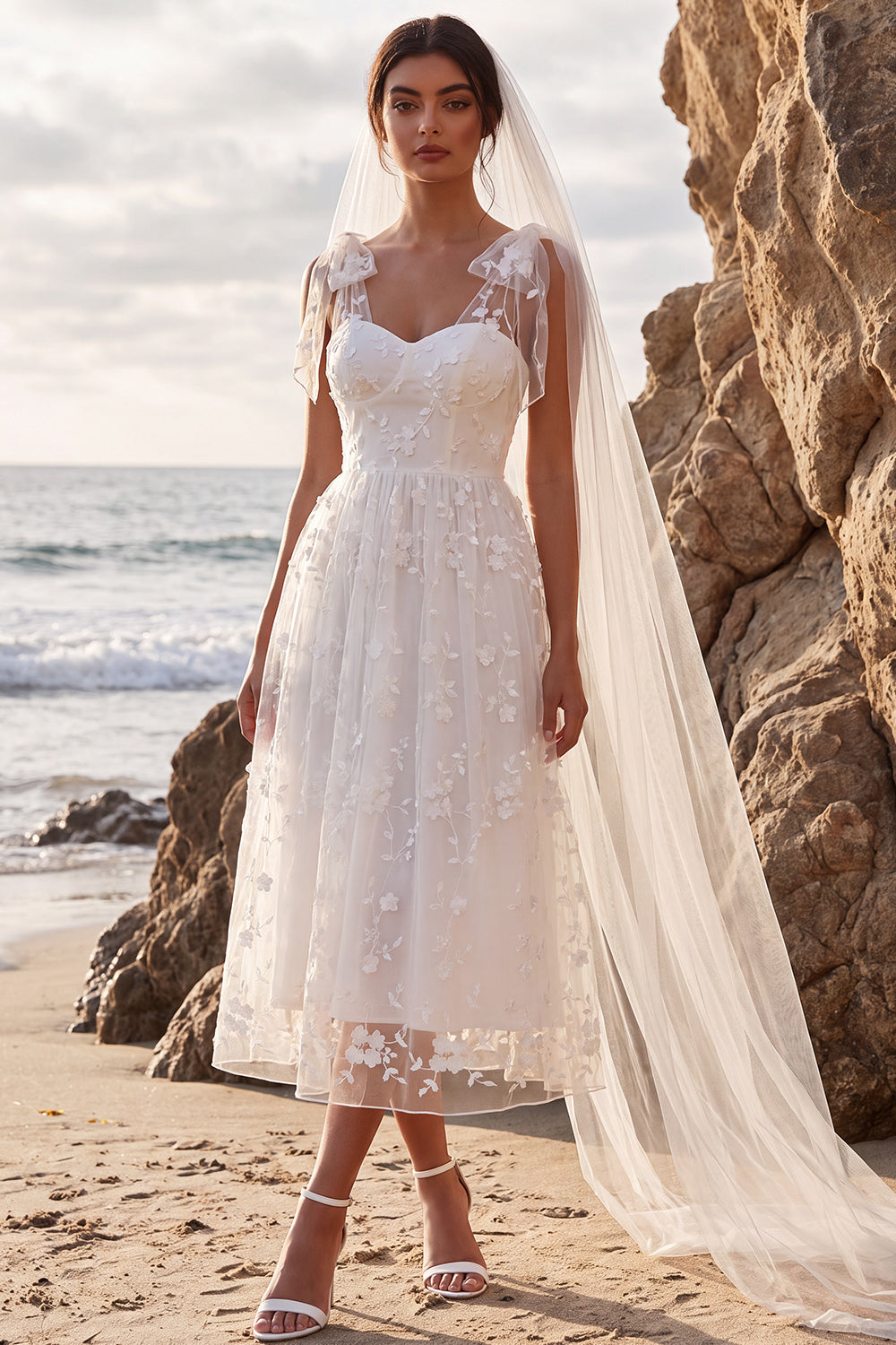 White Lace Floral A-Line Midi Boho Wedding Dress with Bows
