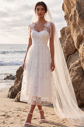 White Lace Floral A-Line Midi Boho Wedding Dress with Bows