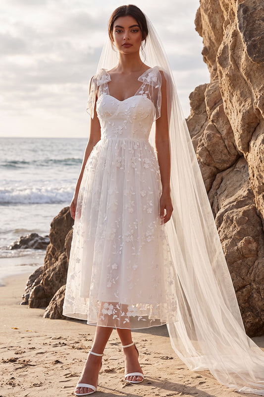 White Lace Floral A-Line Midi Boho Wedding Dress with Bows