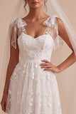 White Lace Floral A-Line Midi Boho Wedding Dress with Bows