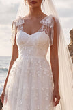 White Lace Floral A-Line Midi Boho Wedding Dress with Bows