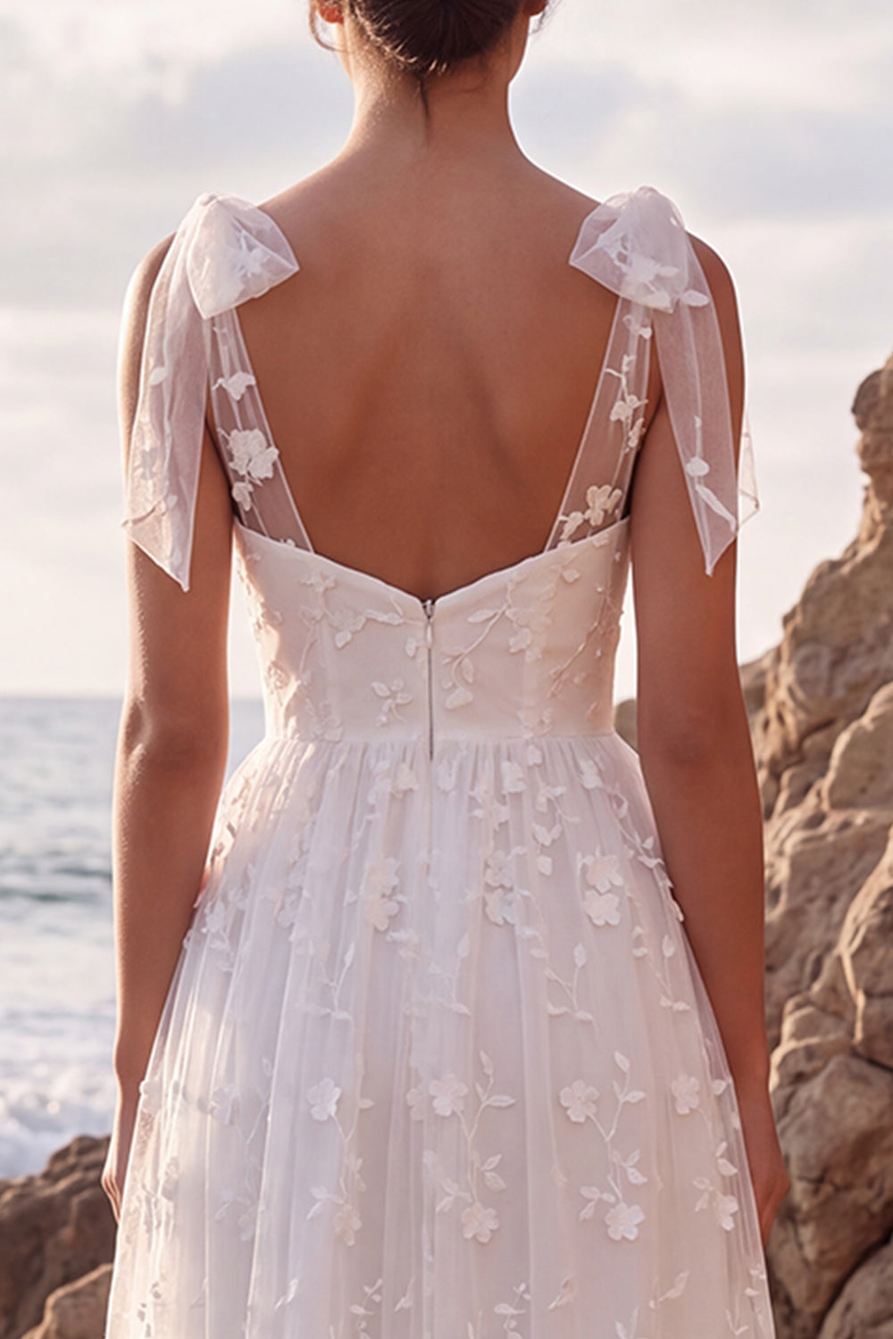 White Lace Floral A-Line Midi Boho Wedding Dress with Bows