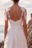 White Lace Floral A-Line Midi Boho Wedding Dress with Bows
