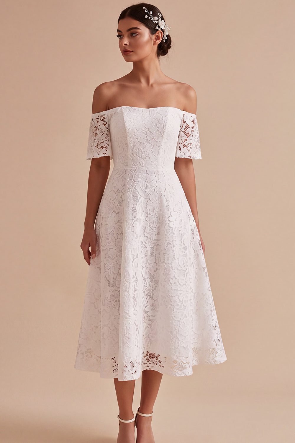 White Lace A Line Off the Shoulder Midi Boho Wedding Dress