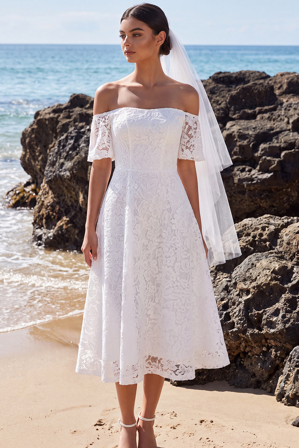 White Lace A Line Off the Shoulder Midi Boho Wedding Dress