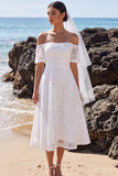 White Lace A Line Off the Shoulder Midi Boho Wedding Dress
