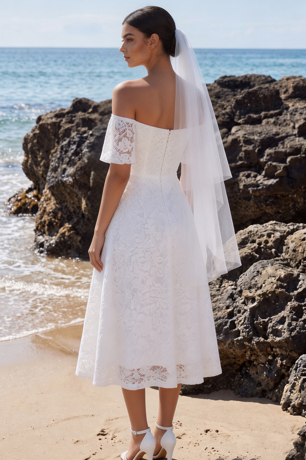 White Lace A Line Off the Shoulder Midi Boho Wedding Dress