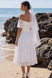 White Lace A Line Off the Shoulder Midi Boho Wedding Dress