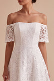 White Lace A Line Off the Shoulder Midi Boho Wedding Dress