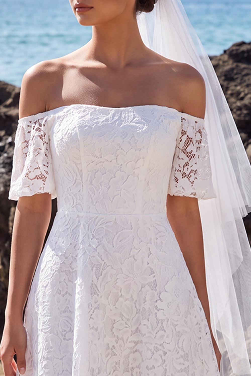 White Lace A Line Off the Shoulder Midi Boho Wedding Dress