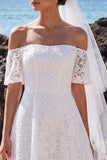 White Lace A Line Off the Shoulder Midi Boho Wedding Dress