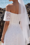White Lace A Line Off the Shoulder Midi Boho Wedding Dress