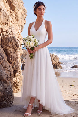 Simple White A Line Halter Backless High-Low Wedding Dress
