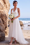 Simple White A Line Halter Backless High-Low Wedding Dress