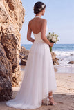 Simple White A Line Halter Backless High-Low Wedding Dress