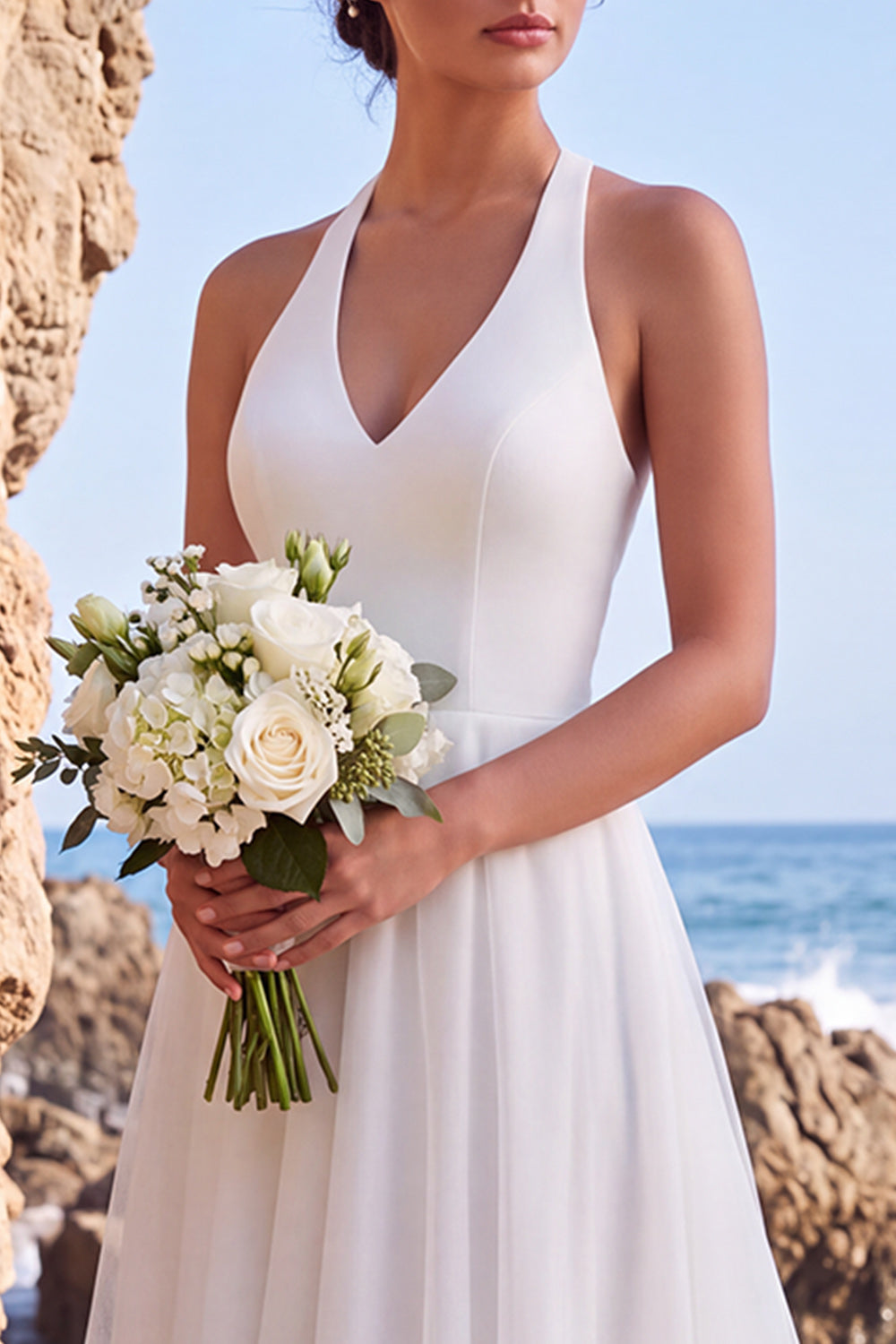 Simple White A Line Halter Backless High-Low Wedding Dress