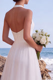 Simple White A Line Halter Backless High-Low Wedding Dress