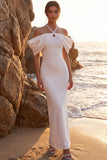 White Beaded Sheath Cold Shoulder Maxi Wedding Dress