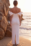 White Beaded Sheath Cold Shoulder Maxi Wedding Dress