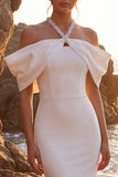 White Beaded Sheath Cold Shoulder Maxi Wedding Dress