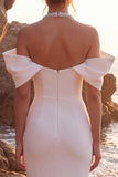 White Beaded Sheath Cold Shoulder Maxi Wedding Dress