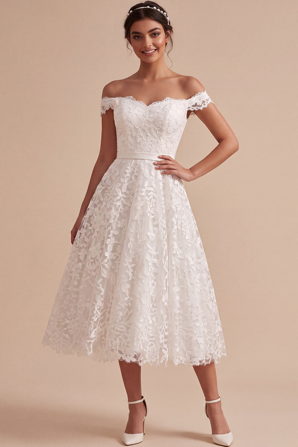 A-Line White Lace Off the Shoulder Midi Boho Wedding Dress