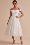 A-Line White Lace Off the Shoulder Midi Boho Wedding Dress