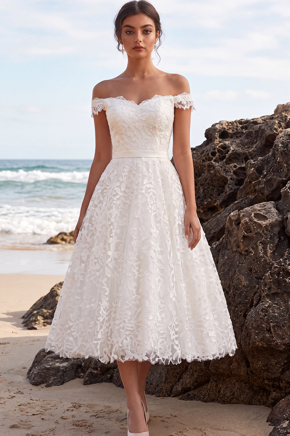 A-Line White Lace Off the Shoulder Midi Boho Wedding Dress