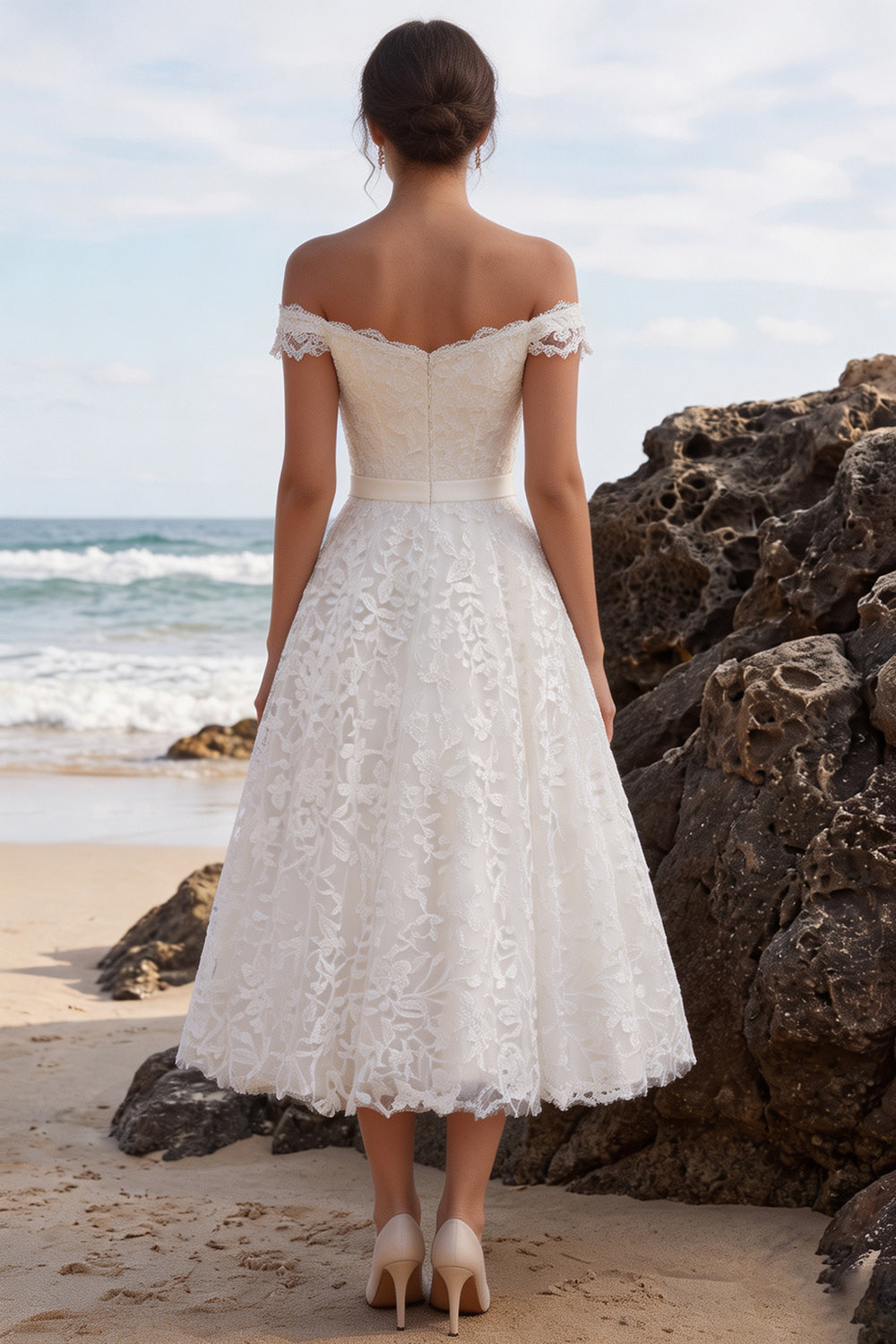 A-Line White Lace Off the Shoulder Midi Boho Wedding Dress