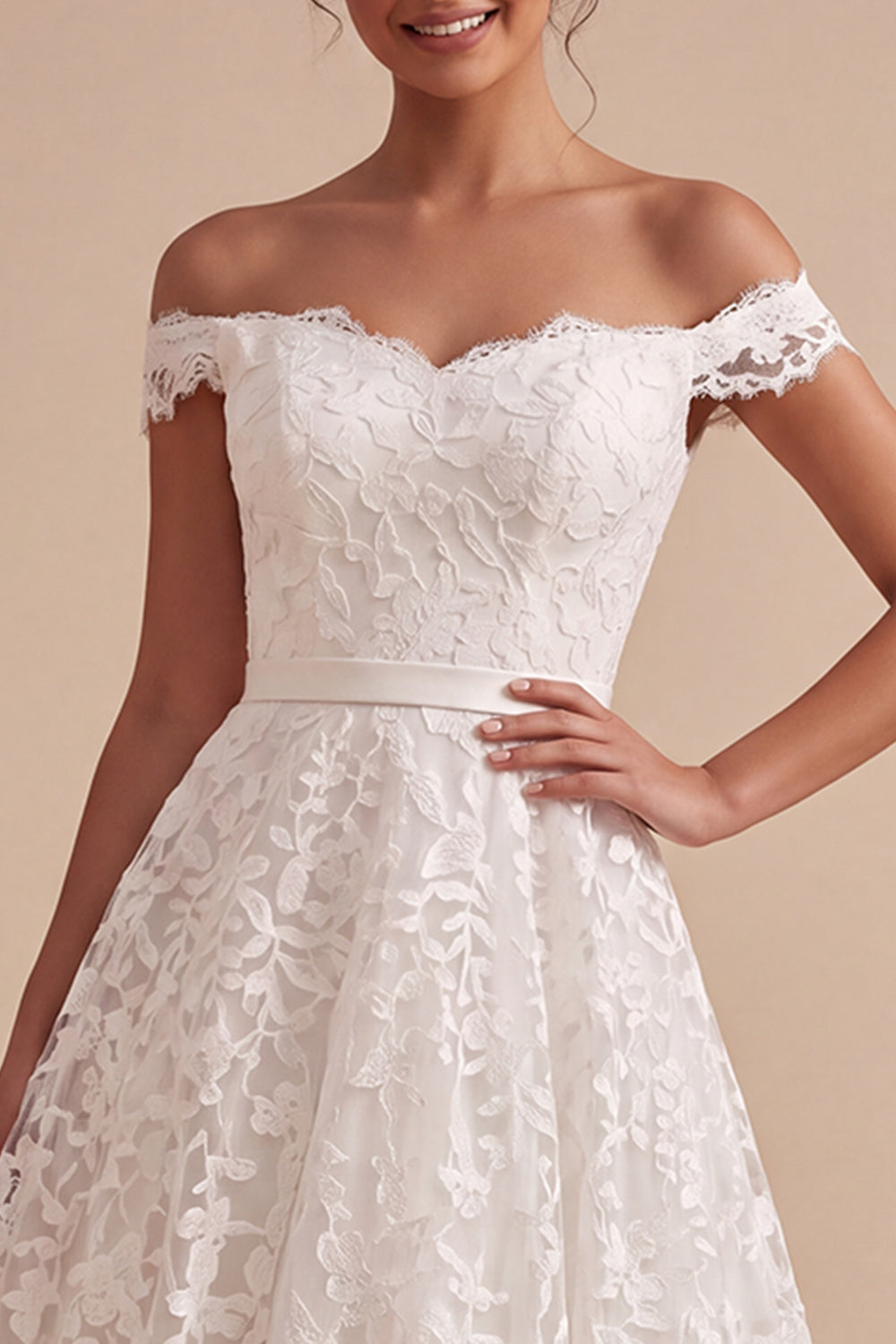 A-Line White Lace Off the Shoulder Midi Boho Wedding Dress
