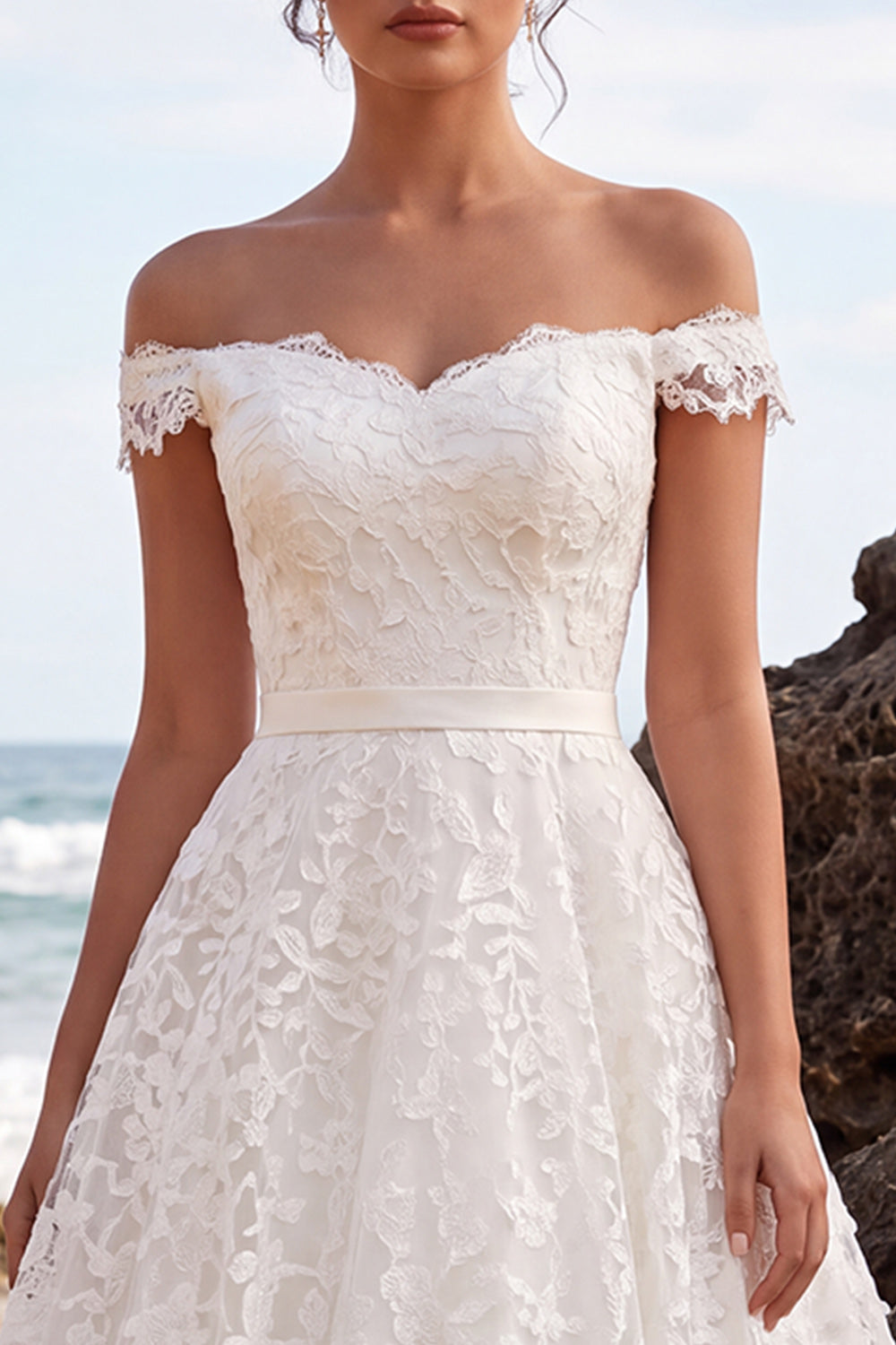 A-Line White Lace Off the Shoulder Midi Boho Wedding Dress