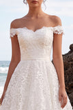 A-Line White Lace Off the Shoulder Midi Boho Wedding Dress