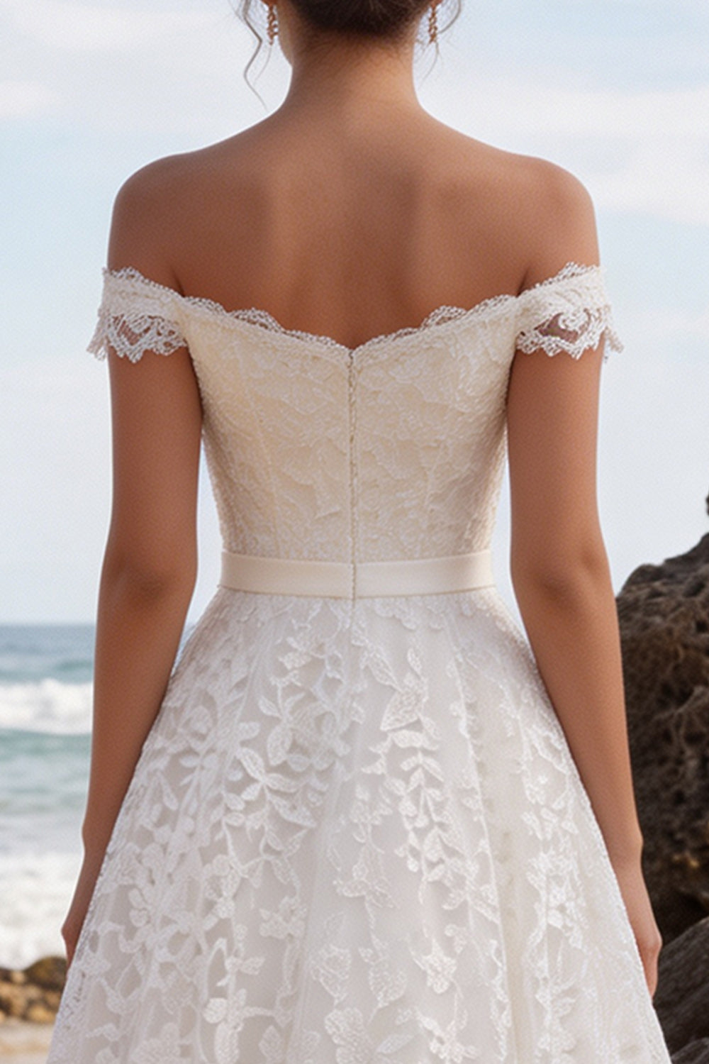 A-Line White Lace Off the Shoulder Midi Boho Wedding Dress