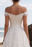 A-Line White Lace Off the Shoulder Midi Boho Wedding Dress