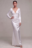 White Satin Ruched Mermaid V-Neck Long Sleeves Wedding Dress