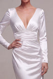 White Satin Ruched Mermaid V-Neck Long Sleeves Wedding Dress