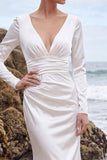 White Satin Ruched Mermaid V-Neck Long Sleeves Wedding Dress