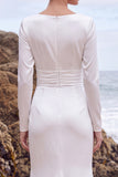 White Satin Ruched Mermaid V-Neck Long Sleeves Wedding Dress