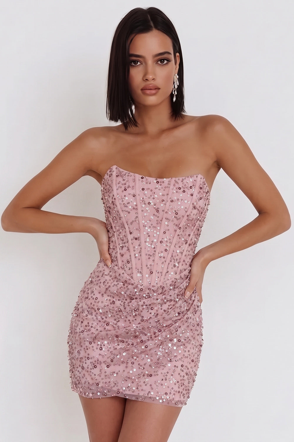 Sparkly Pink Corset Ruched Tight Strapless Sequin Short Homecoming Dress