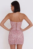 Sparkly Pink Corset Ruched Tight Strapless Sequin Short Homecoming Dress