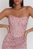 Sparkly Pink Corset Ruched Tight Strapless Sequin Short Homecoming Dress