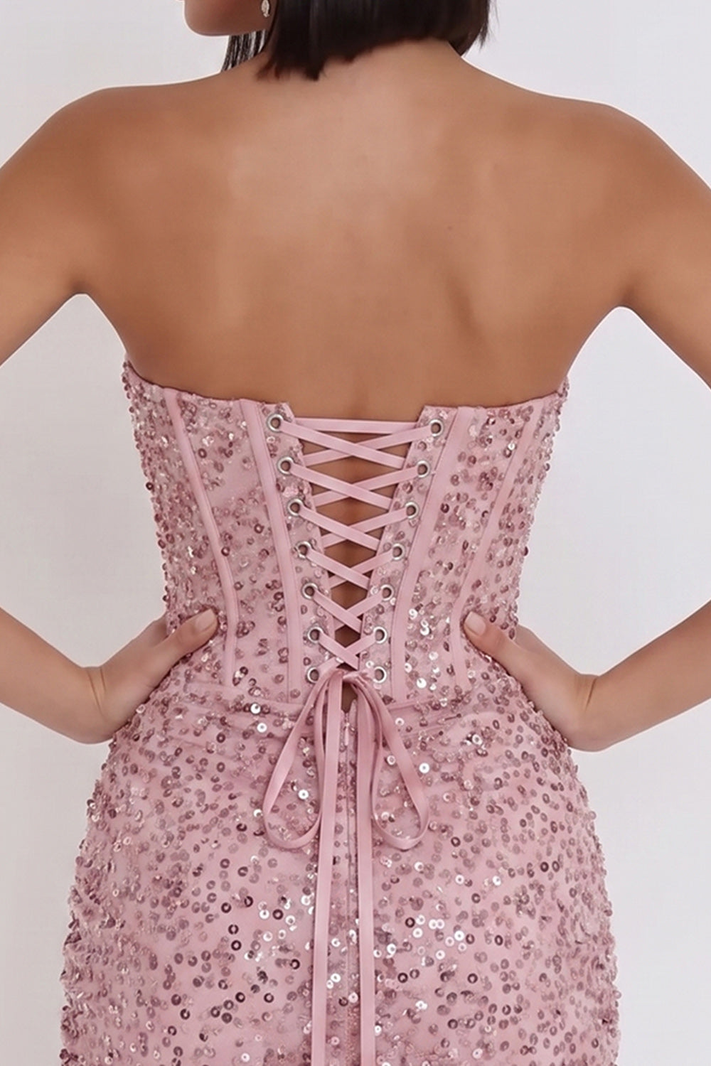 Sparkly Pink Corset Ruched Tight Strapless Sequin Short Homecoming Dress