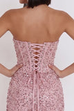 Sparkly Pink Corset Ruched Tight Strapless Sequin Short Homecoming Dress